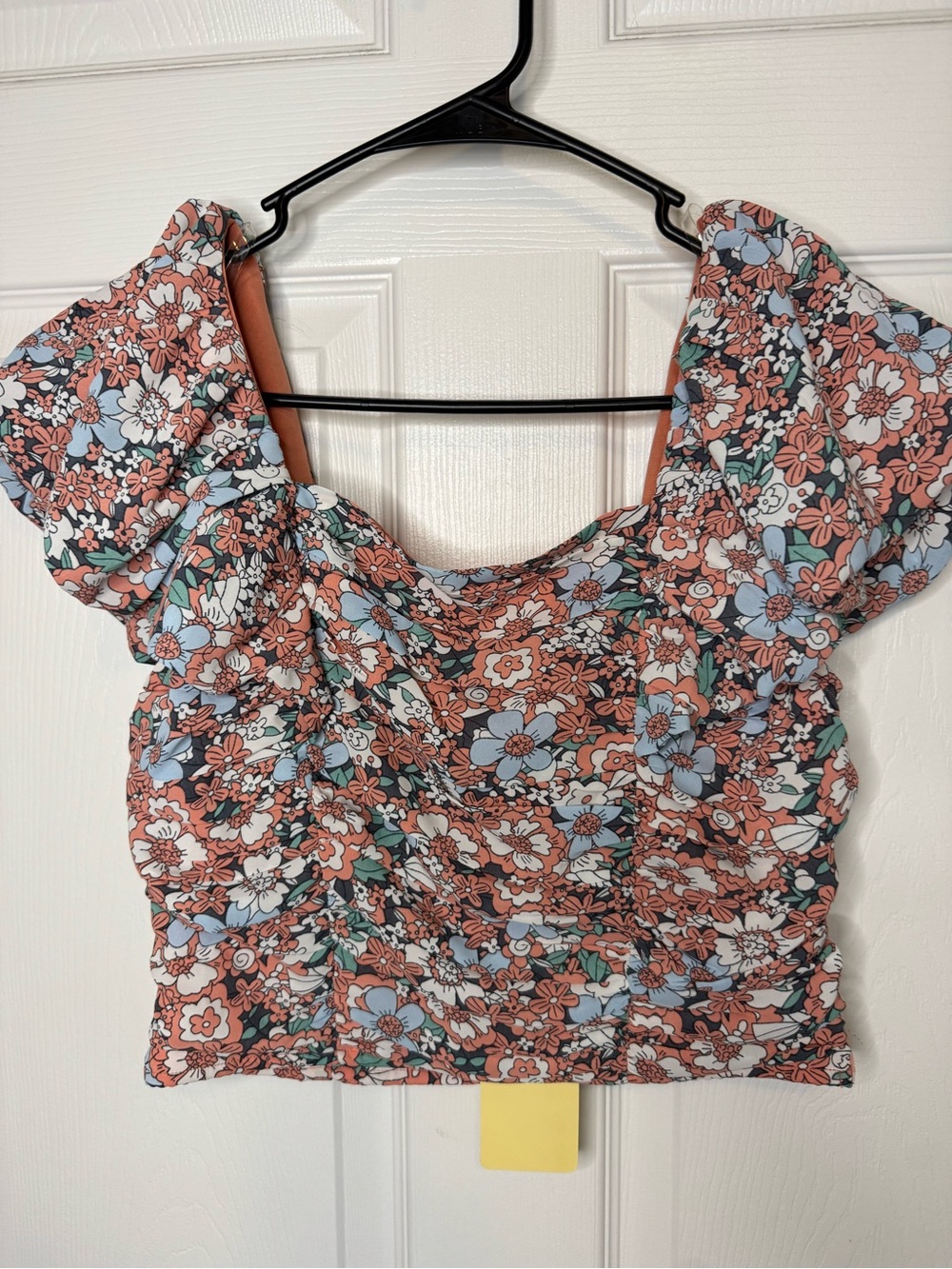 entro Floral Puff-Sleeve Crop Top - Rust Blue White